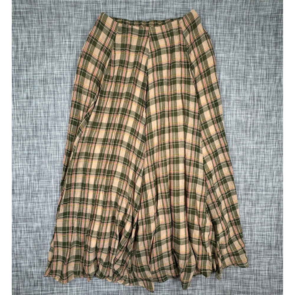 Free People Womens Ives Maxi Skirt Green Pink Plaid Cotton Lined Size Large